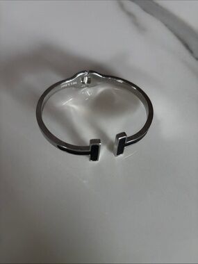 Silver 'T Wire' copy Open Cuff Bracelet with Black Enamel Accents